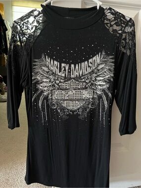 Harley-Davidson Black Long Sleeve Lace-Shoulder Rhinestone Graphic Tee
